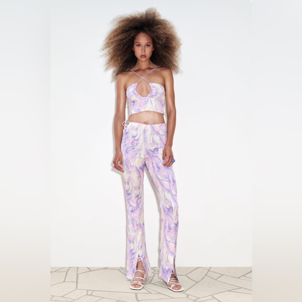 Zara Lavender Marble Print Strappy Crop Top & Wide-Leg Pants Set